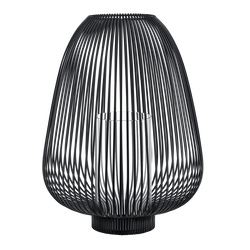 Moderne schwarze Drahttischlampe mit einem schlanken, minimalistischen Design und einem zentrierten Glasschirm.