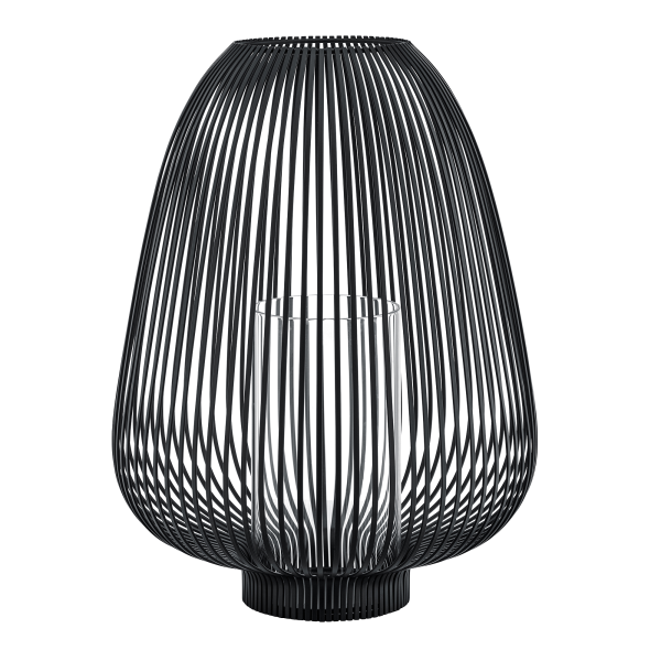 Moderne schwarze Drahttischlampe mit einem schlanken, minimalistischen Design und einem zentrierten Glasschirm.