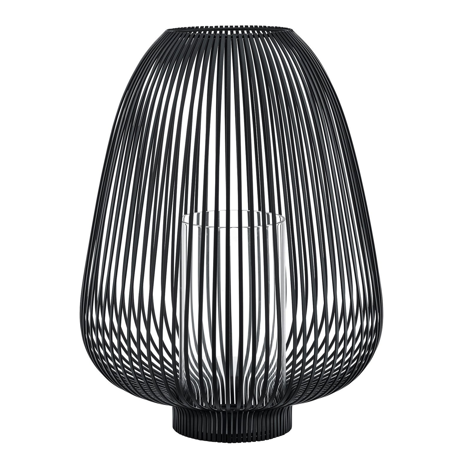 Moderne schwarze Drahttischlampe mit einem schlanken, minimalistischen Design und einem zentrierten Glasschirm.