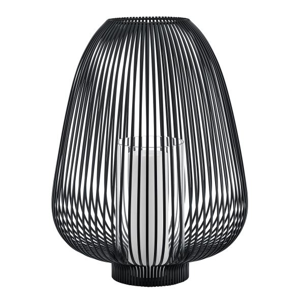 Moderne schwarze Drahtlampe mit einem weißen Kerzenhalter, perfekt für stilvolle Wohnkultur.