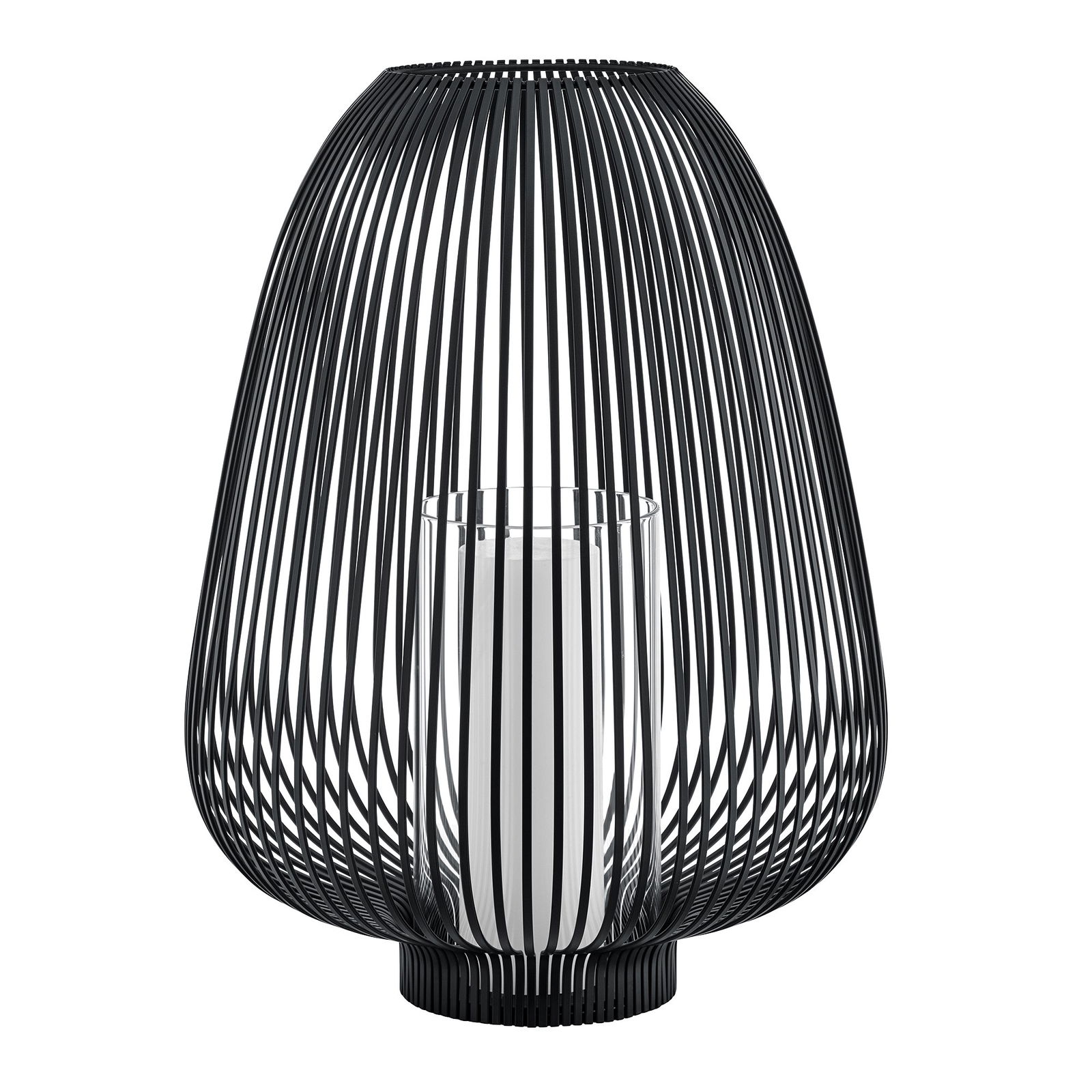 Moderne schwarze Drahtlampe mit einem weißen Kerzenhalter, perfekt für stilvolle Wohnkultur.