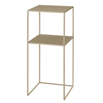 Moderner offener Metallbeistelltisch mit zwei Regalen in neutraler Farbe für die Wohnkultur.