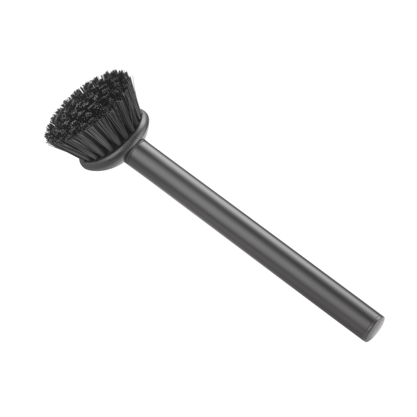 Black cleaning brush with a long handle and dense bristles for effective scrubbing.