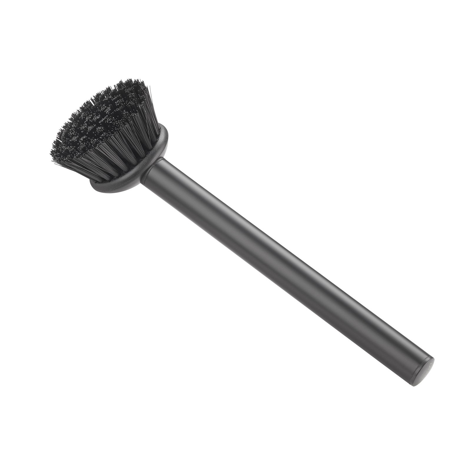 Black cleaning brush with a long handle and dense bristles for effective scrubbing.