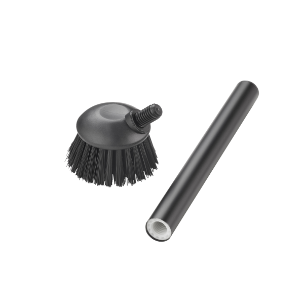 Black cleaning brush with detachable handle for efficient dusting and cleaning.