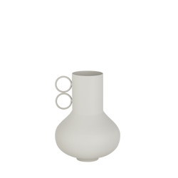 Minimalist white vase with unique circular handle design for modern decor.