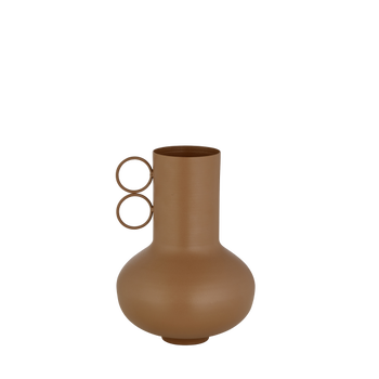 Stylische braune Vase mit einzigartigem kreisförmigen Griffdesign, perfekt für moderne Dekoration.