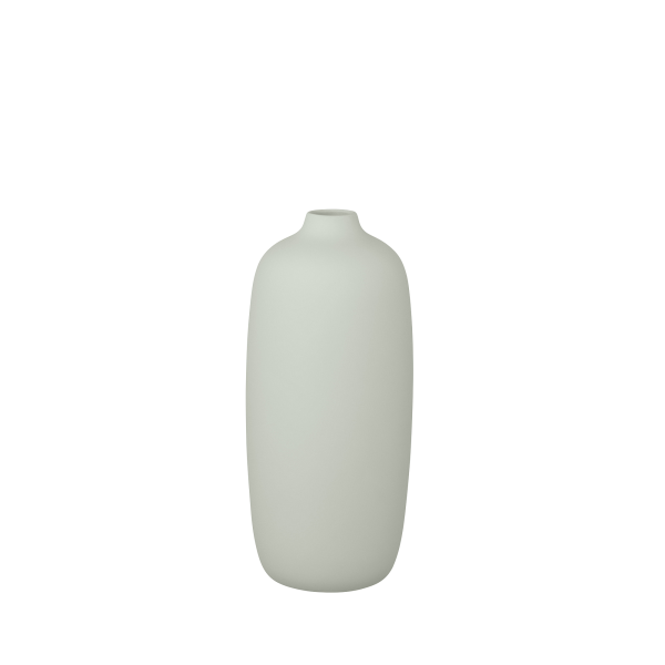 Minimalistische weiße Keramikvase mit einer glatten, ovalen Form und subtiler mattschicht.