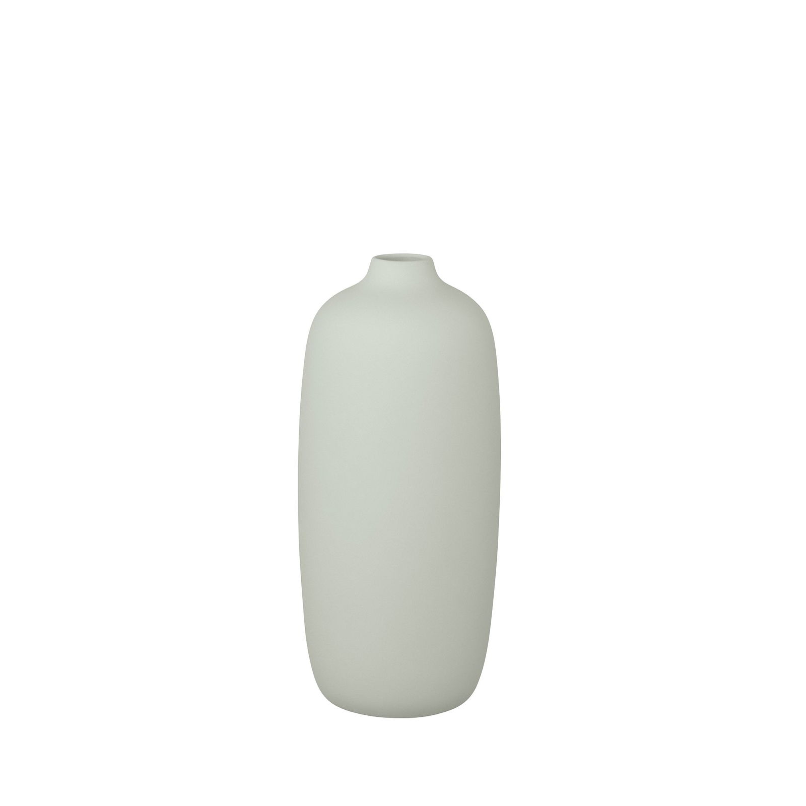 Minimalistische weiße Keramikvase mit einer glatten, ovalen Form und subtiler mattschicht.
