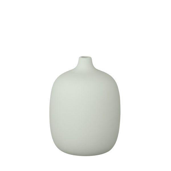Minimalist white ceramic vase with a smooth, rounded design.