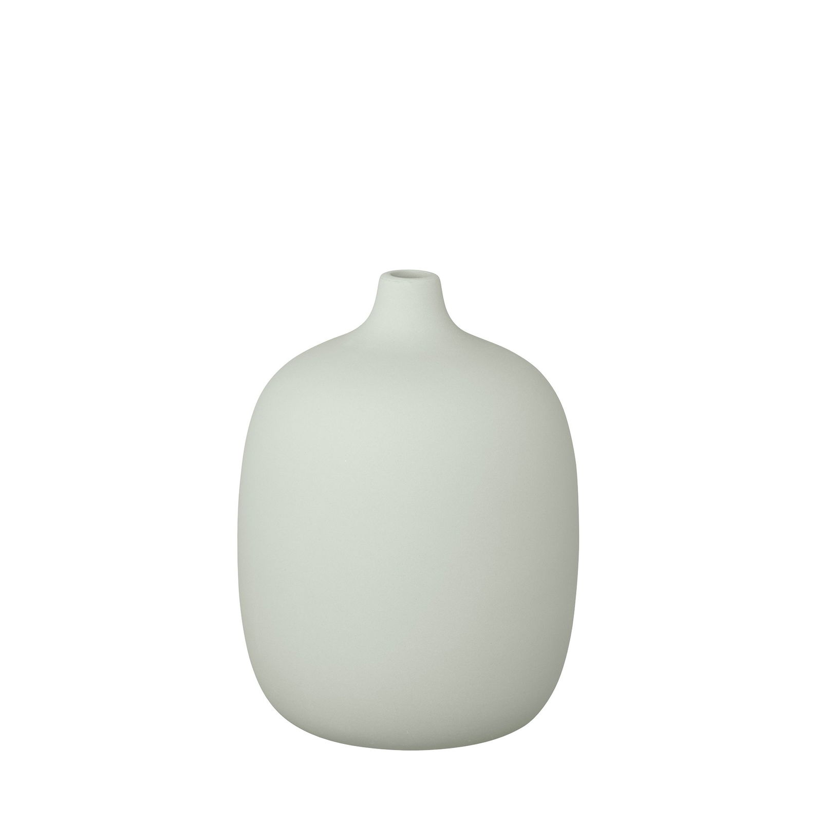 Minimalist white ceramic vase with a smooth, rounded design.