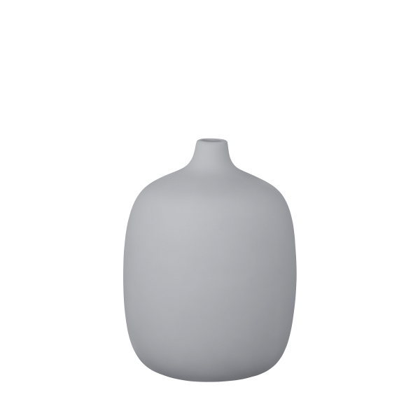Minimalistische graue Vase mit runder Form und schmalem Hals, perfekt für moderne Dekoration.