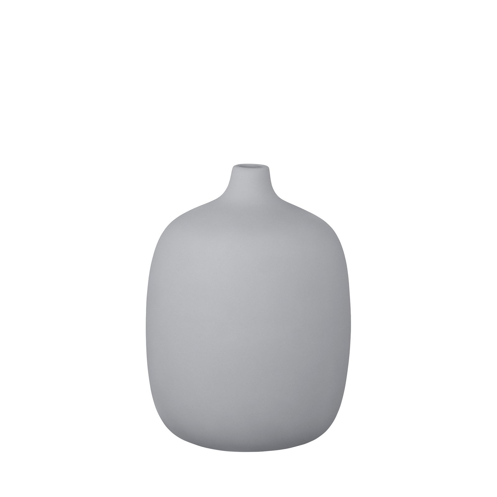 Minimalistische graue Vase mit runder Form und schmalem Hals, perfekt für moderne Dekoration.