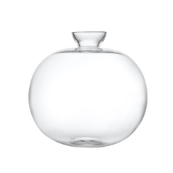 Clear glass vase with a round shape and narrow neck for flower arrangements.