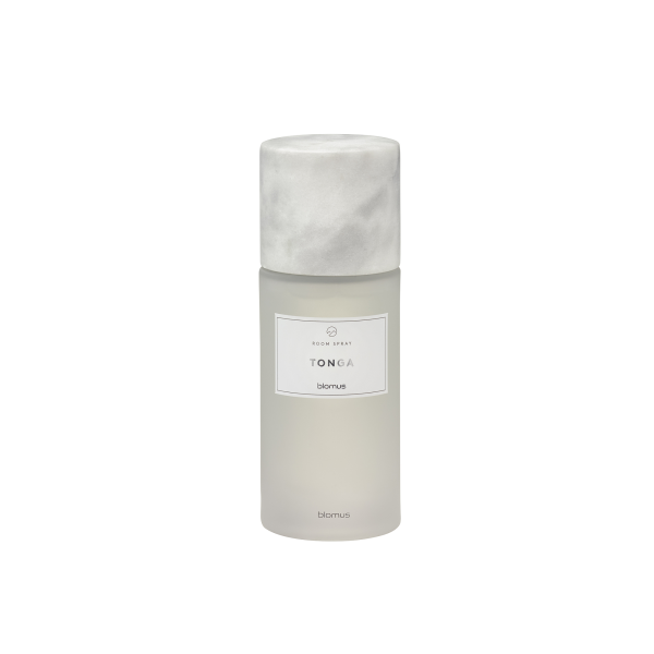 Elegant frosted spray bottle labeled "Tonga" by Blomus, perfect for home fragrance.