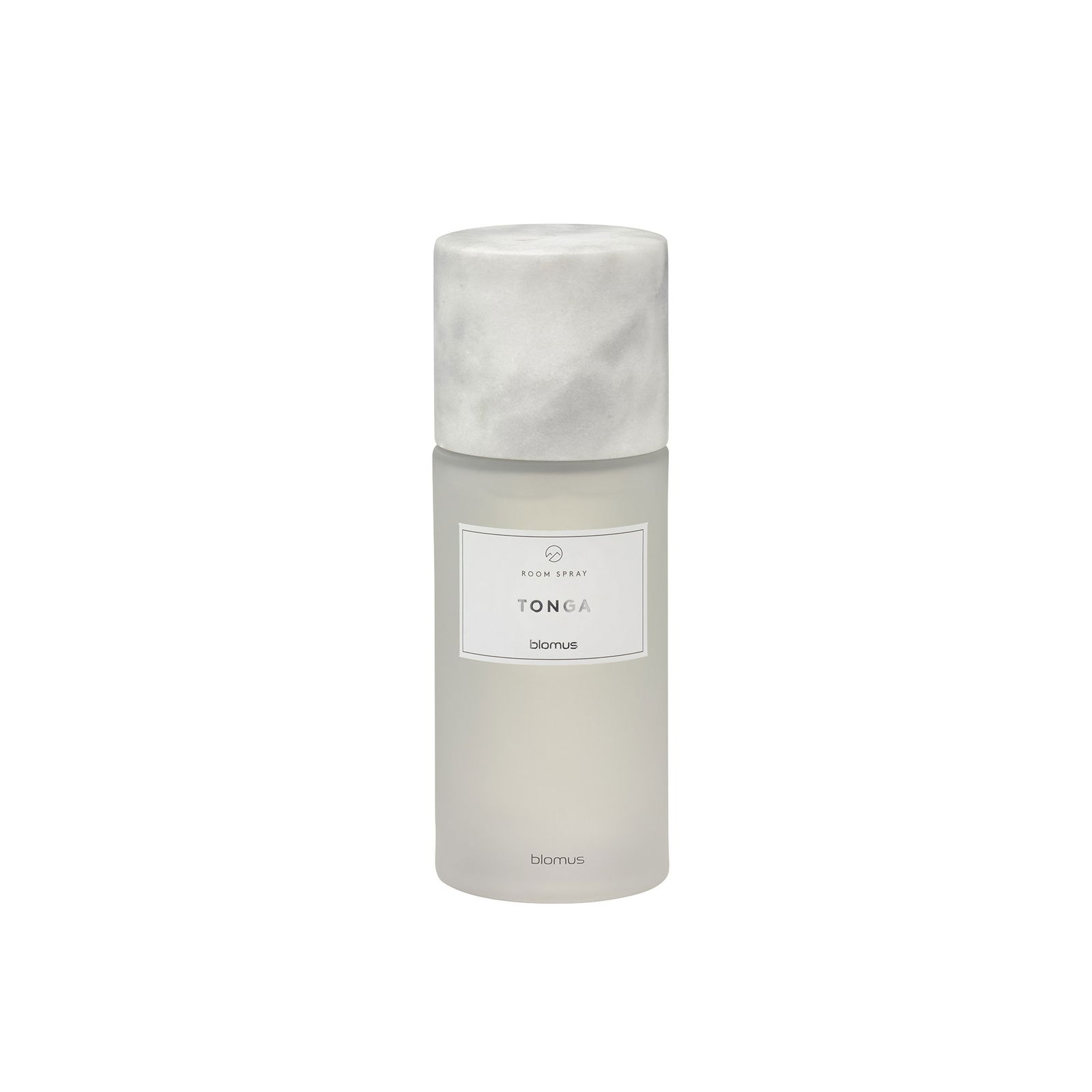 Elegant frosted spray bottle labeled "Tonga" by Blomus, perfect for home fragrance.