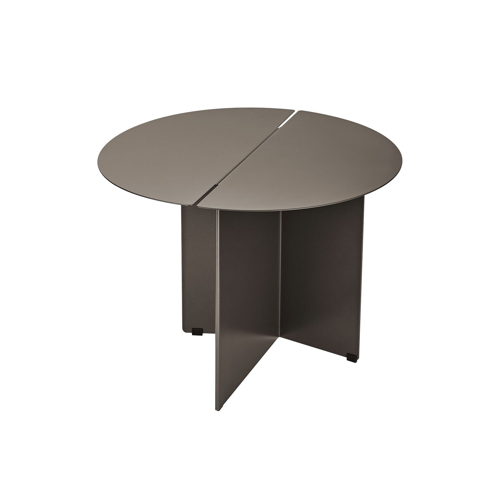 Moderner runder Couchtisch mit schlankem Design und geteilter Tischplatte in neutralem Farbton.