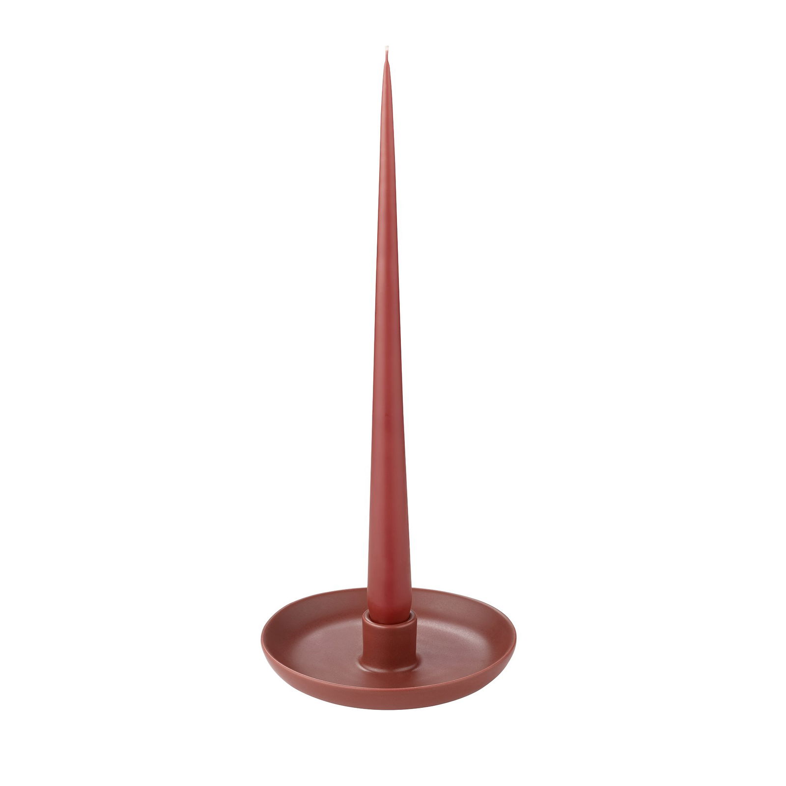 Eleganter roter Kerzenhalter mit einem schlanken Design und rundem Fuß.