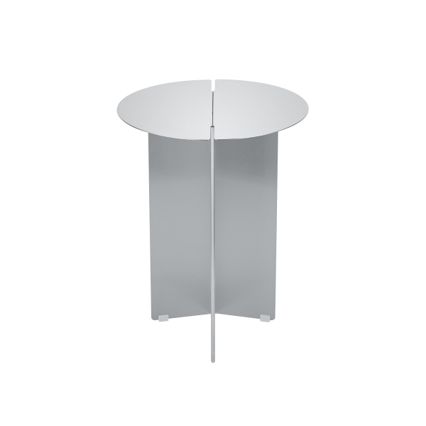 Modern round silver side table with sleek, minimalist design against a black background.