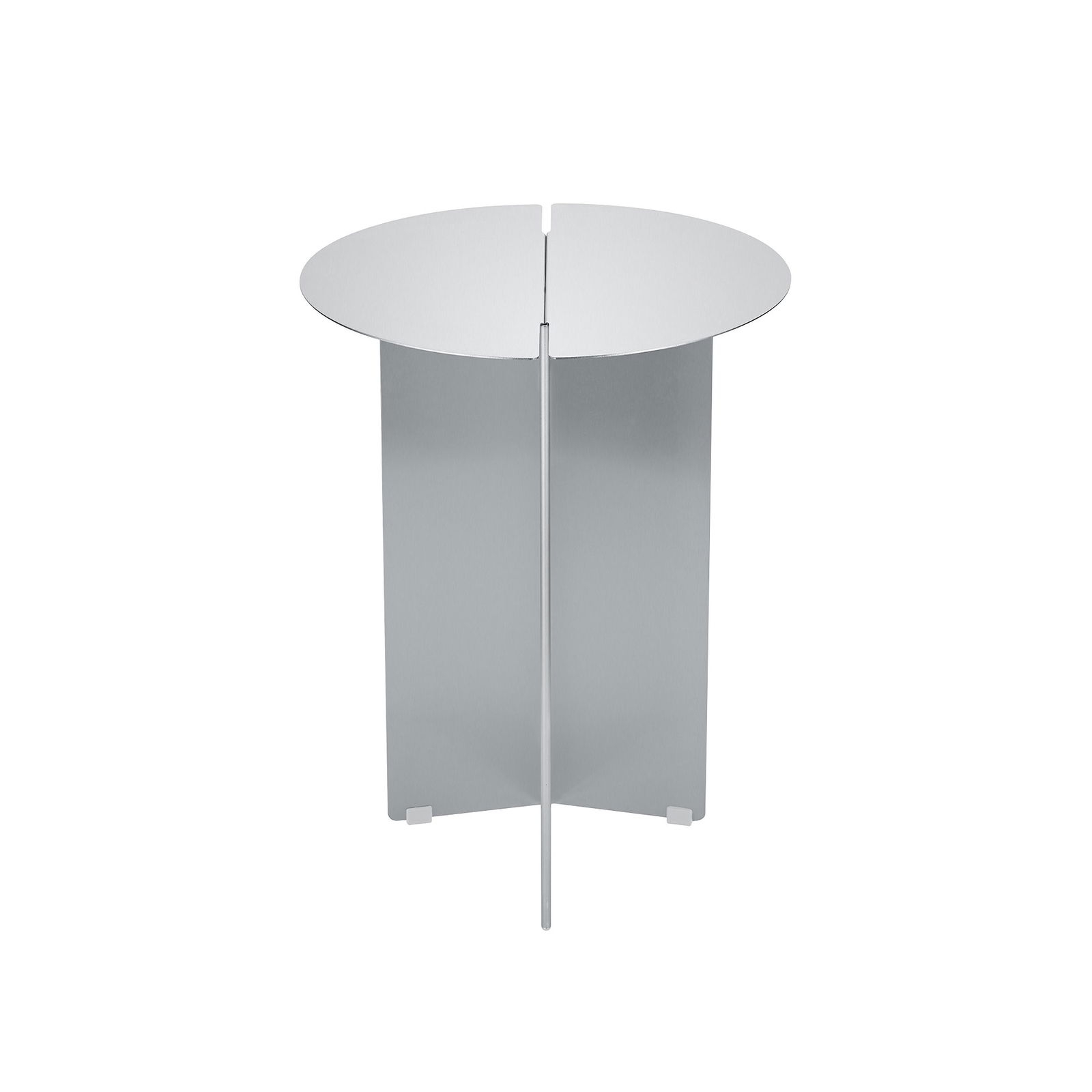 Modern round silver side table with sleek, minimalist design against a black background.