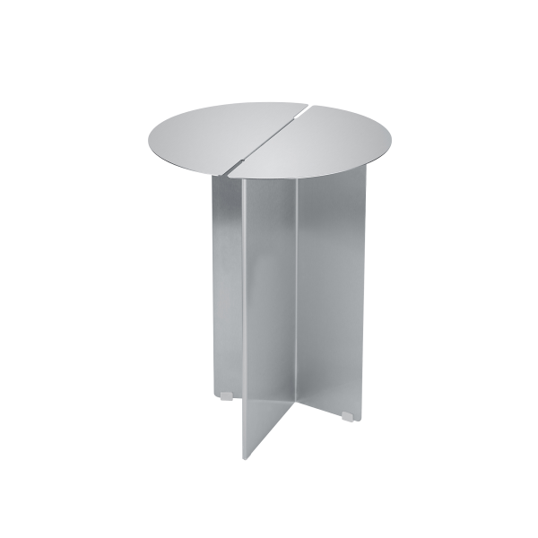 Modern silver side table with a sleek, minimalist design and circular top.