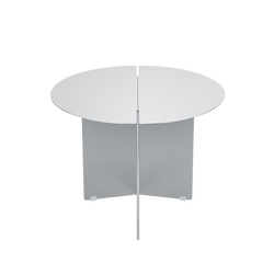 Moderner runder Tisch mit einem schlanken, minimalistischen Design in einem hellgrauen Finish.
