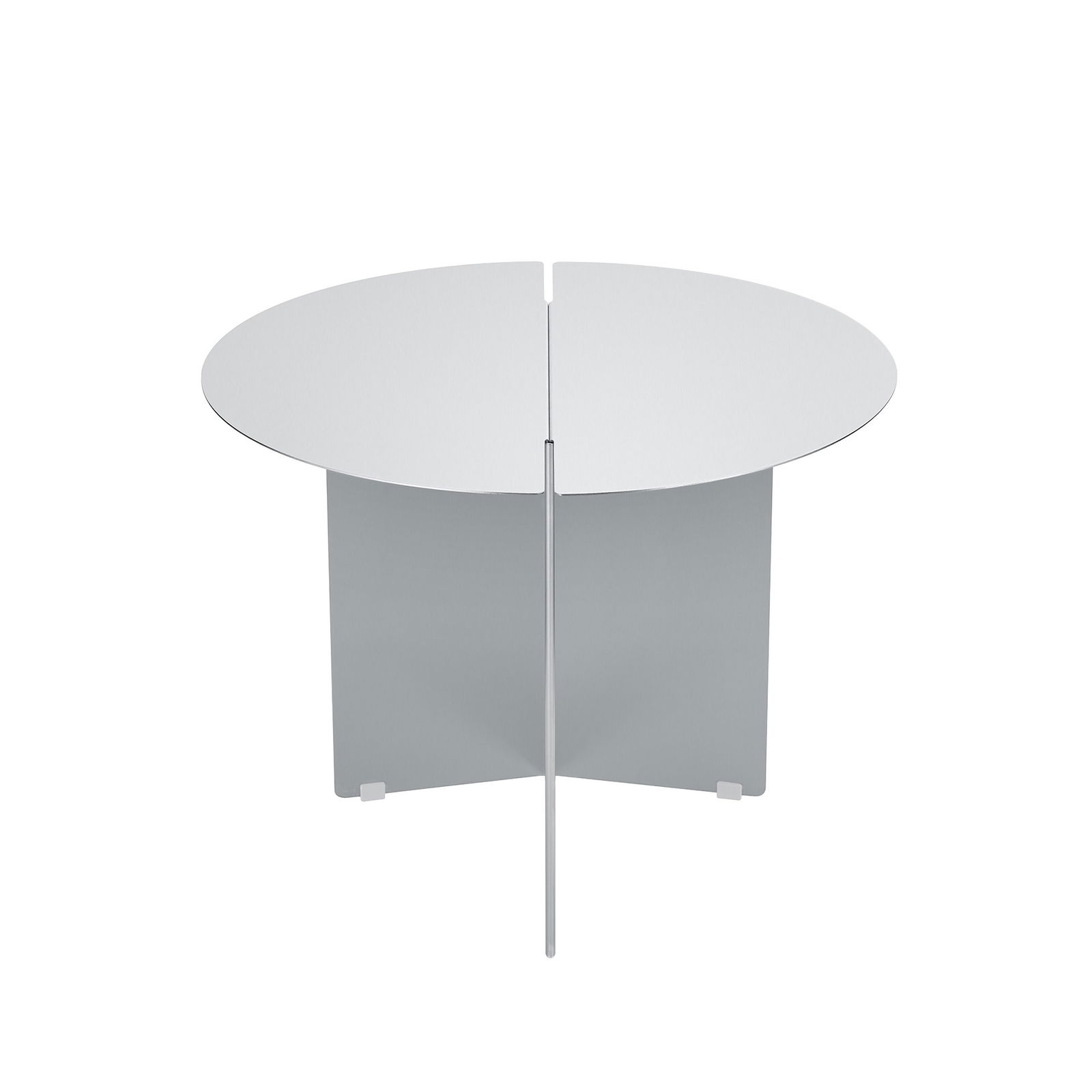Moderner runder Tisch mit einem schlanken, minimalistischen Design in einem hellgrauen Finish.
