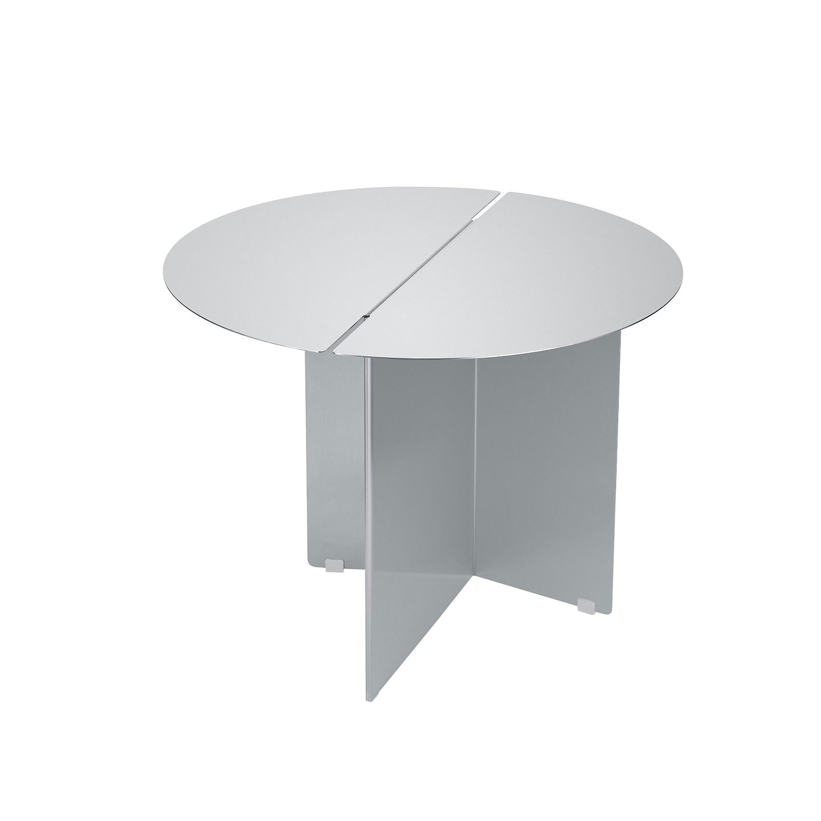 Moderner runder silberner Tisch mit einem schlanken, minimalistischen Design und einer einzigartigen geteilten Tischplatte.