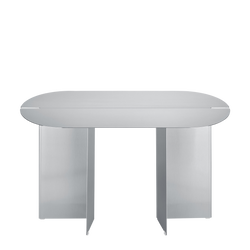 Modern ovaler Esstisch aus Silber mit schlankem, minimalistischen Design und einzigartiger Beinstruktur.