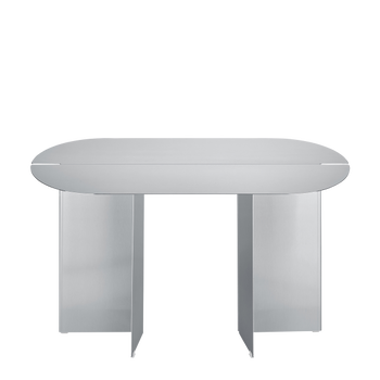 Modern ovaler Esstisch aus Silber mit schlankem, minimalistischen Design und einzigartiger Beinstruktur.