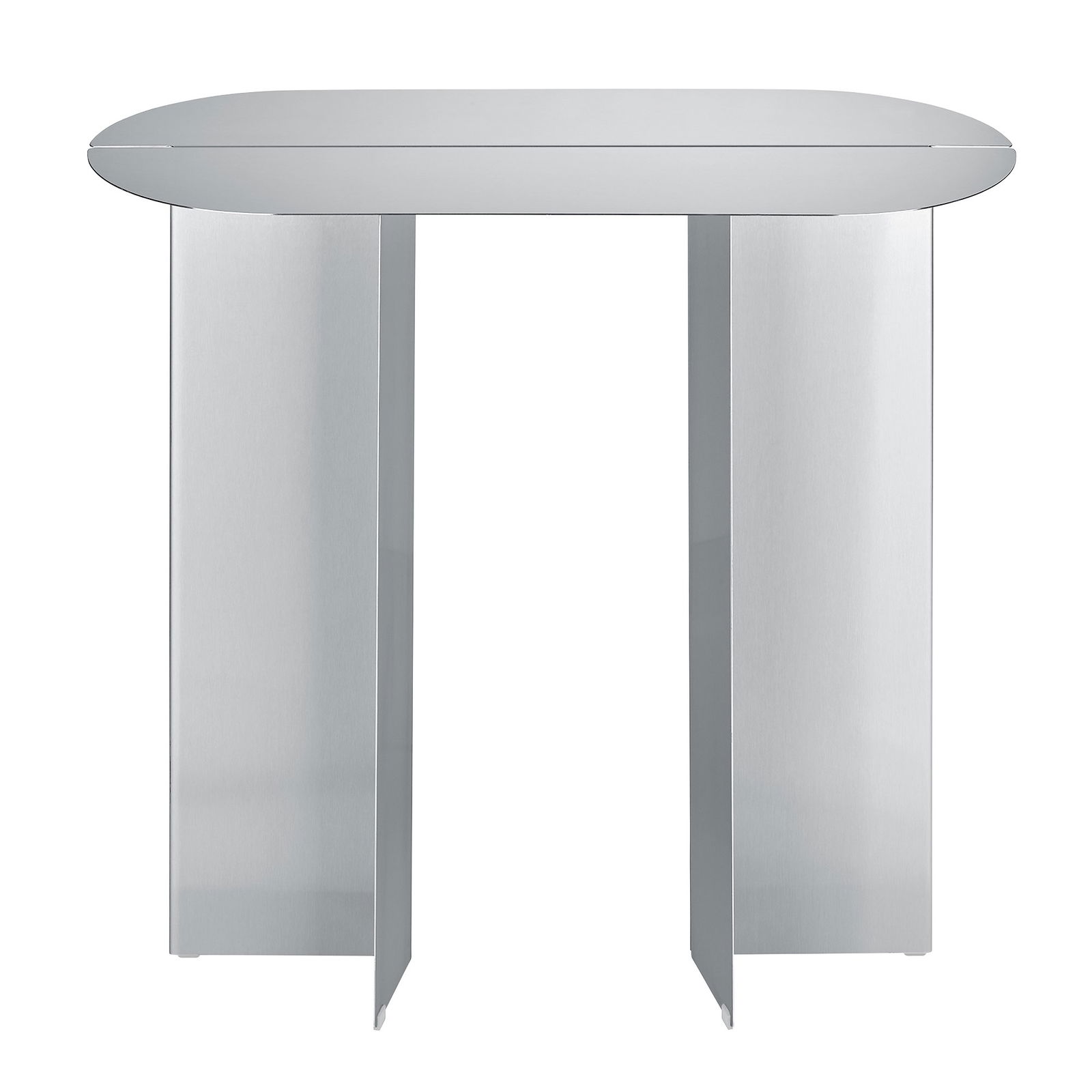Moderner Silbertisch mit schlankem, minimalistischem Design und ovaler Tischplatte.