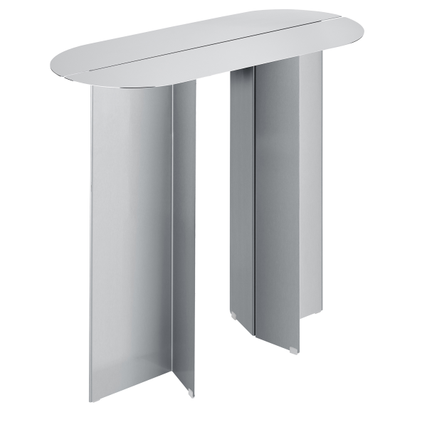 Moderne minimalistische silberne Konsole mit klaren Linien und einer ovalen Oberfläche.