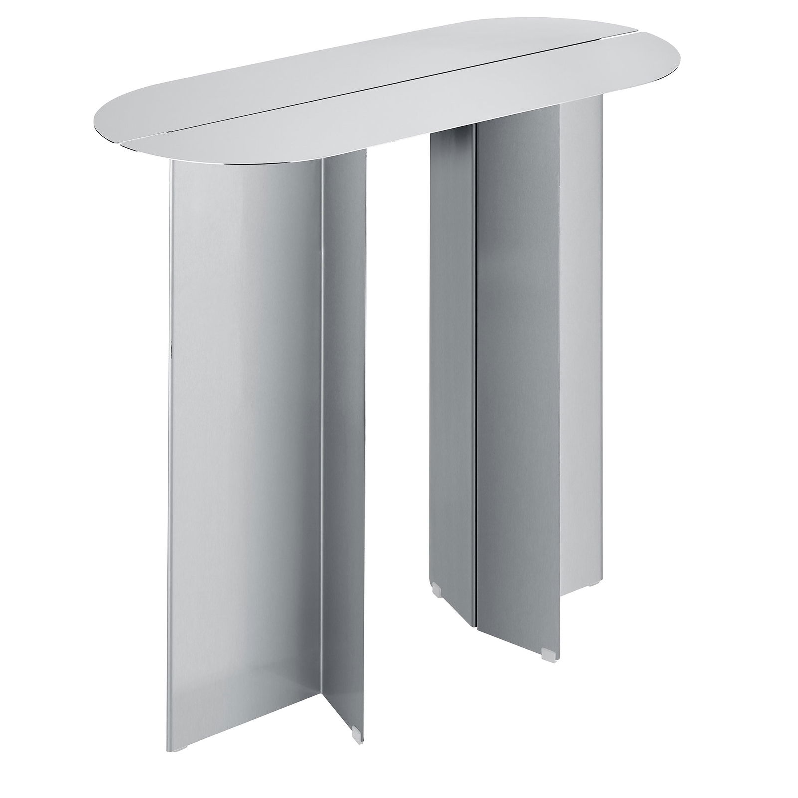 Moderne minimalistische silberne Konsole mit klaren Linien und einer ovalen Oberfläche.