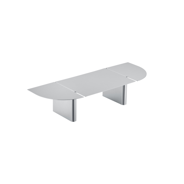 Moderner silberner Klapptisch mit schlankem Design und abgerundeten Kanten.