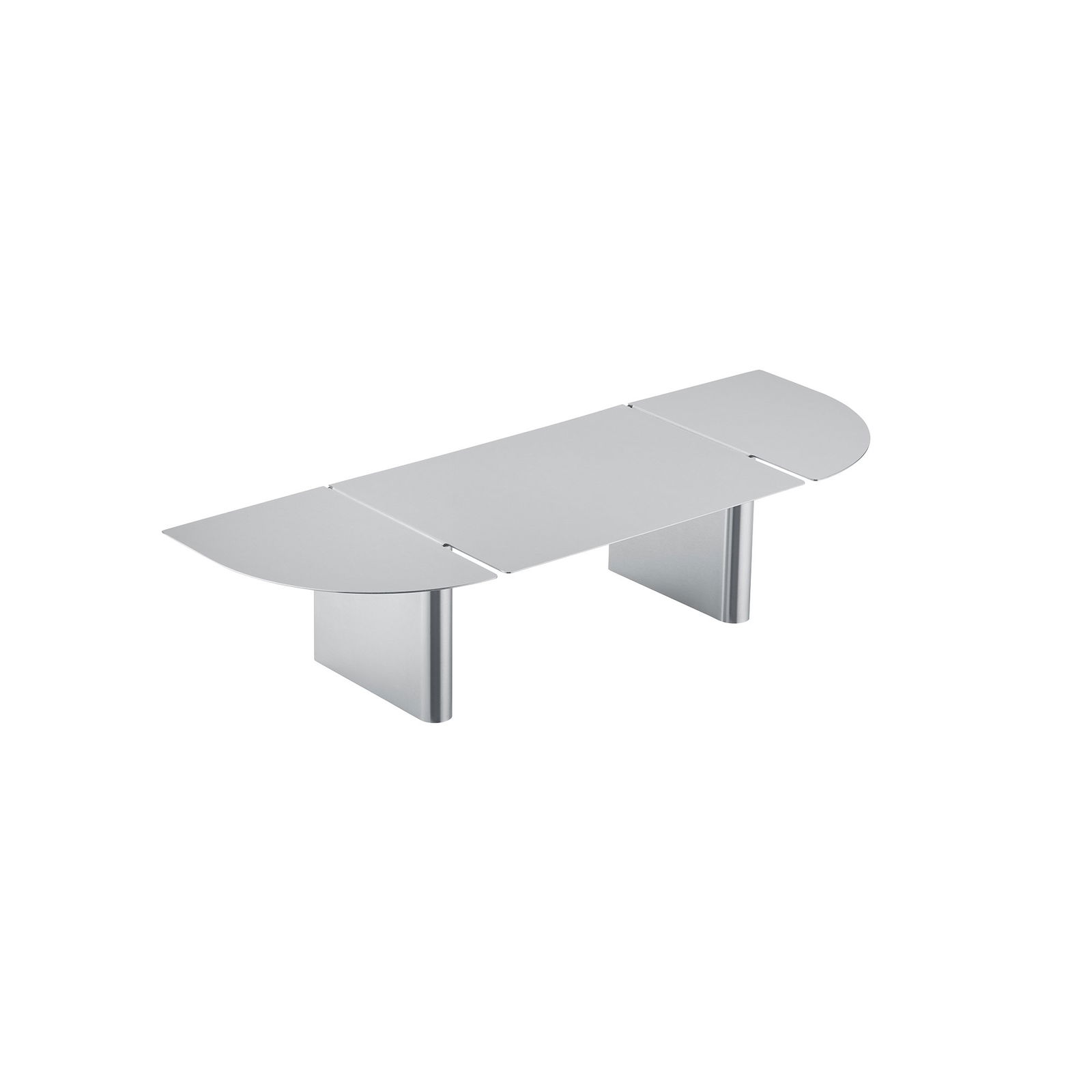 Moderner silberner Klapptisch mit schlankem Design und abgerundeten Kanten.