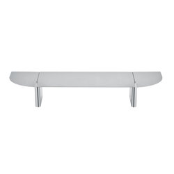 Schlanke moderne Glasregal mit geschwungenen Enden und Metallsupports für stilvolle Aufbewahrung.