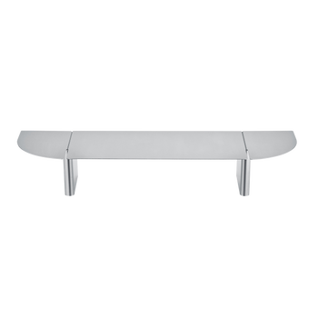 Schlanke moderne Glasregal mit geschwungenen Enden und Metallsupports für stilvolle Aufbewahrung.