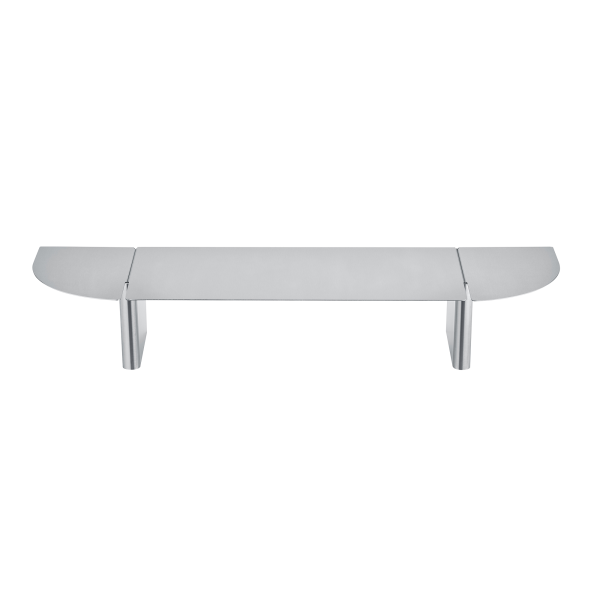 Schlanke moderne Glasregal mit geschwungenen Enden und Metallsupports für stilvolle Aufbewahrung.