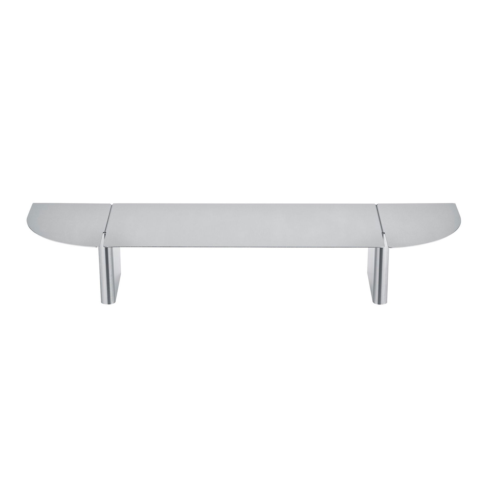 Schlanke moderne Glasregal mit geschwungenen Enden und Metallsupports für stilvolle Aufbewahrung.