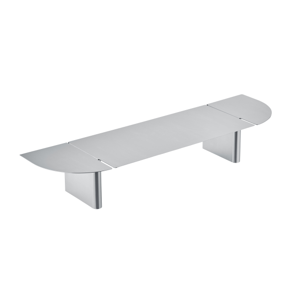 Moderner Esstisch aus Silber mit elegantem Design und abgerundeten Kanten, ideal für zeitgenössische Räume.