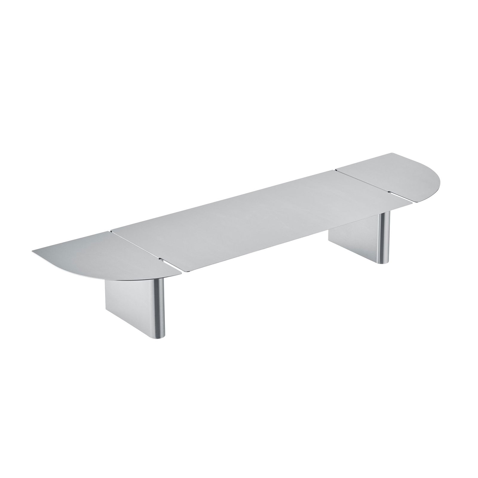 Moderner Esstisch aus Silber mit elegantem Design und abgerundeten Kanten, ideal für zeitgenössische Räume.