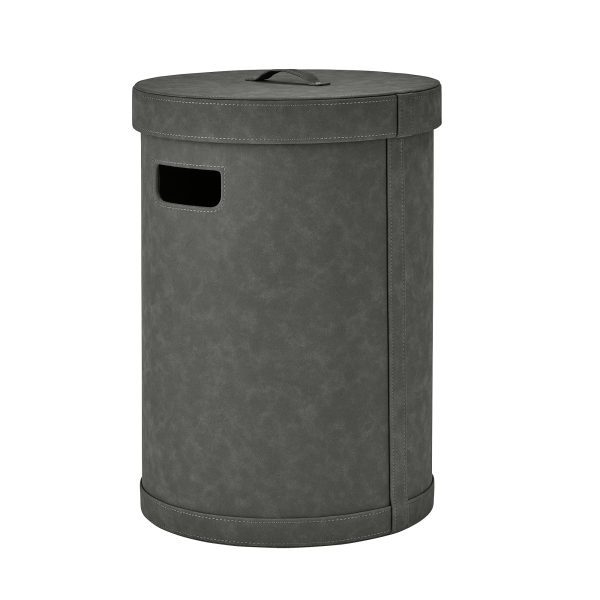 Stylische runde graue Aufbewahrungsbox mit einem Deckel und Griffen zum einfachen Tragen.