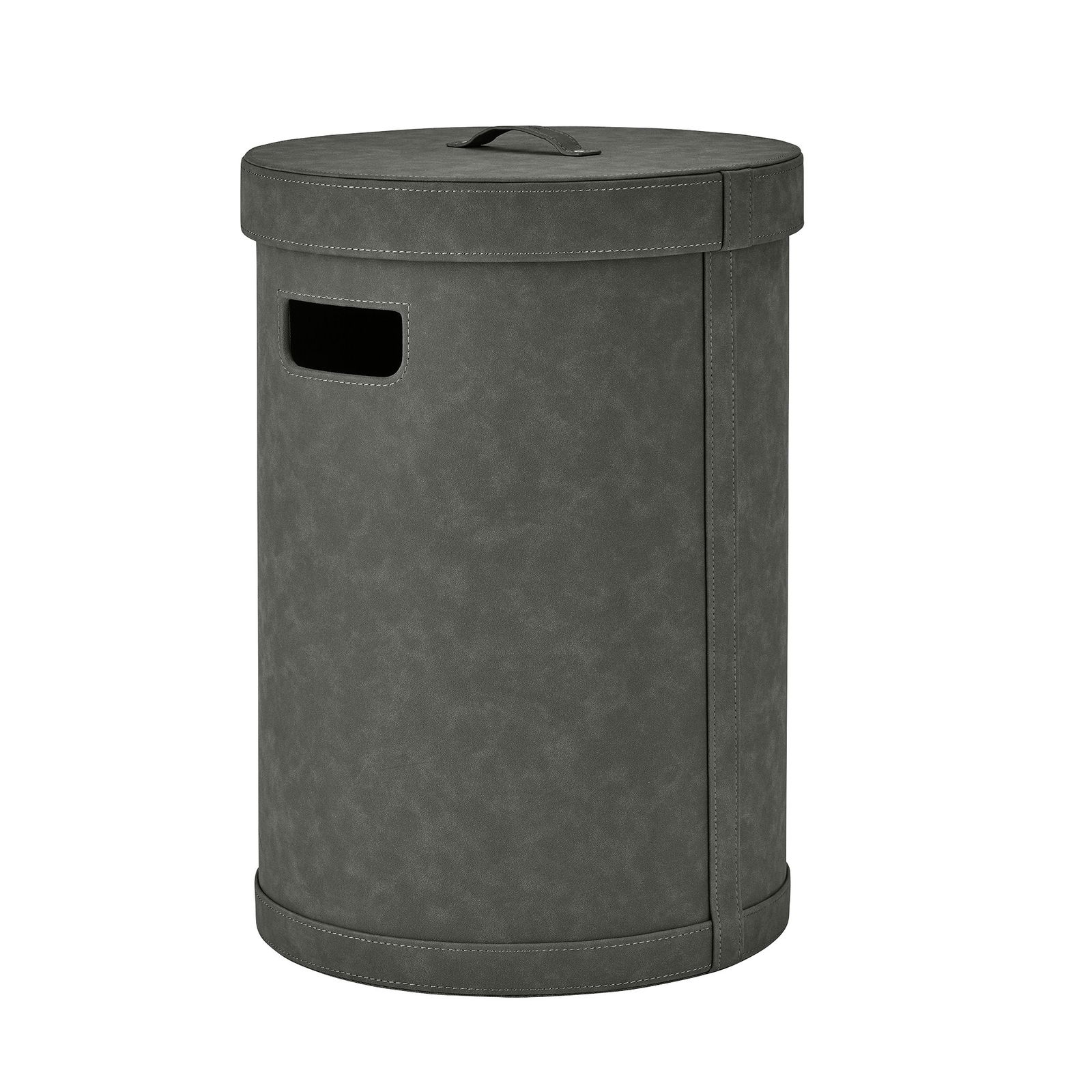 Stylische runde graue Aufbewahrungsbox mit einem Deckel und Griffen zum einfachen Tragen.