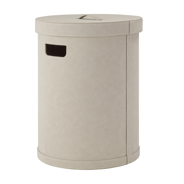 Eleganter beige Aufbewahrungskorb mit Deckel und Griff für organisierte Wohnräume.