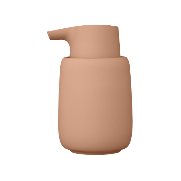 Ein minimalistischer beige Seifenspender mit einem eleganten Design für moderne Wohnkultur.