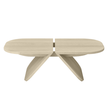 Modern oak coffee table with a unique split design and stylish angled legs.