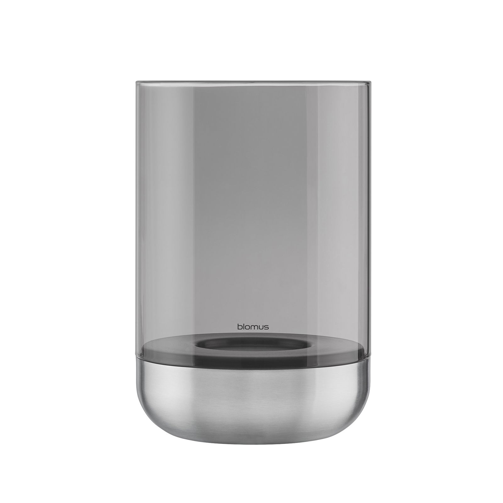 Sleek modern glass candle holder with a stainless steel base by Blomus.