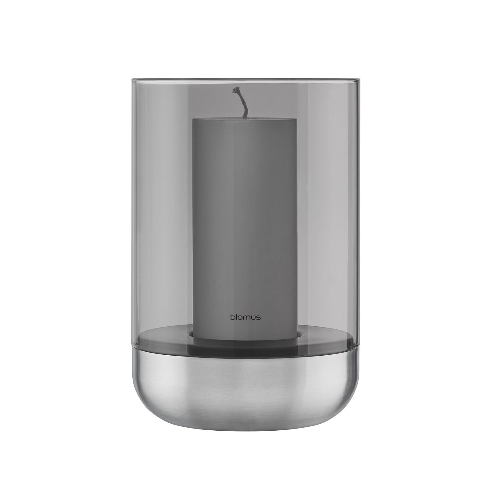 Modern glass candle holder with a gray candle and stainless steel base.