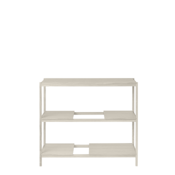 Minimalistische dreitierig-Regal mit einer hellen Holzoberfläche und einem Metallrahmen.