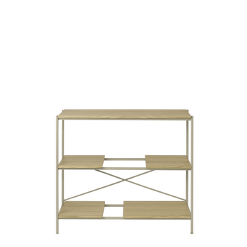Moderne Holzregal mit Metallrahmen und vier geräumigen Regalen zur Aufbewahrung von Gegenständen.